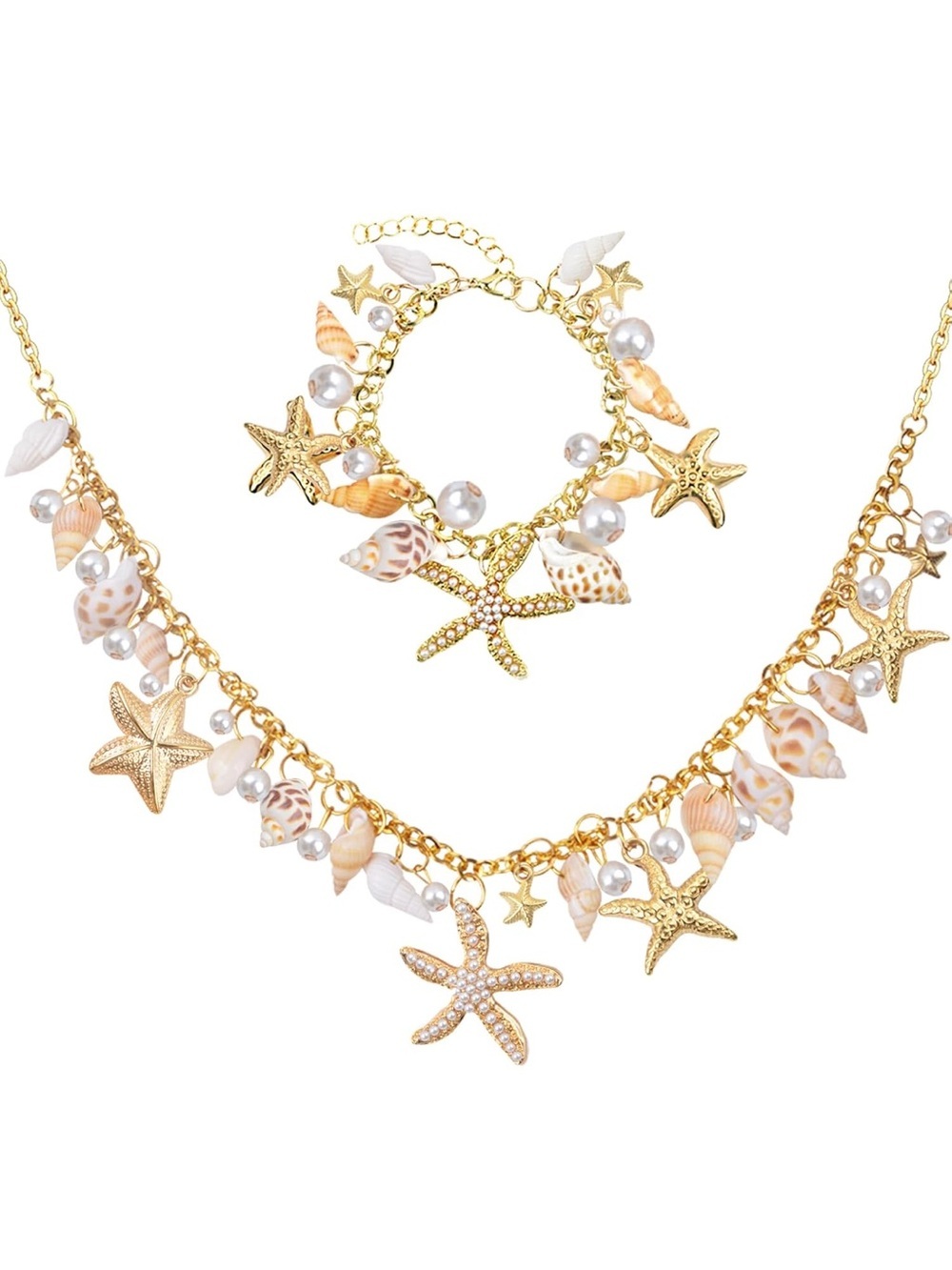 Gold Starfish Charm Necklace and Bracelet Set with White Pearl Accents